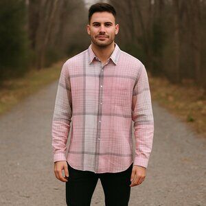 CUBAVERA Men M Shirt‎ Pink/White Linen Button-Up Business Casual Long Sleeve Y2K